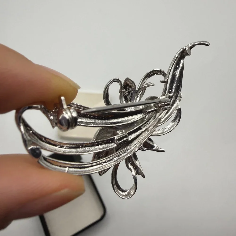 Vintage Hawaiian Silver Plated Black Coral Floral Brooch Pin Tropical Leaf - Picture 8 of 10